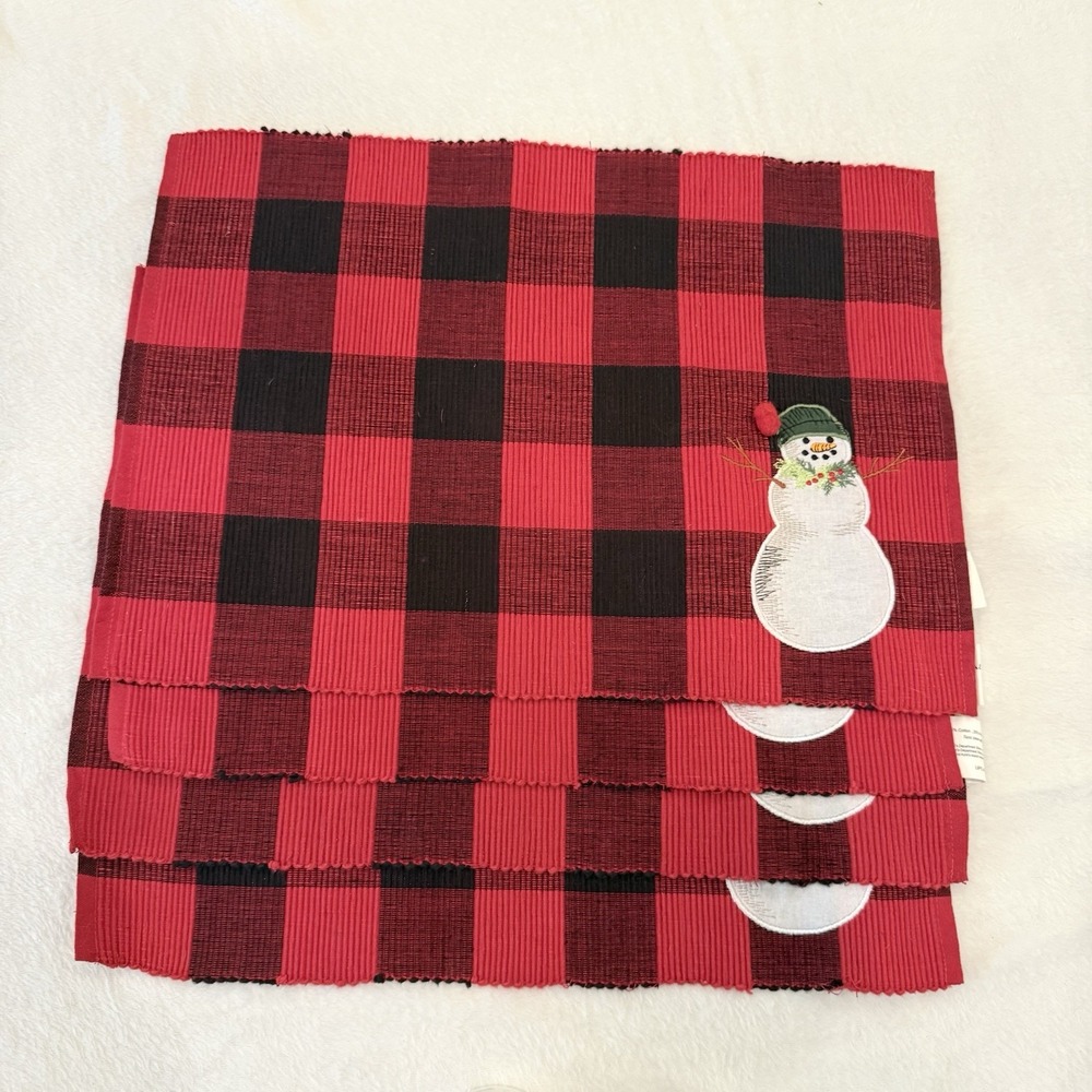 4 St. Nicholas Square Buffalo Plaid‎ Snowman Embroidered Placemats Puffball Set